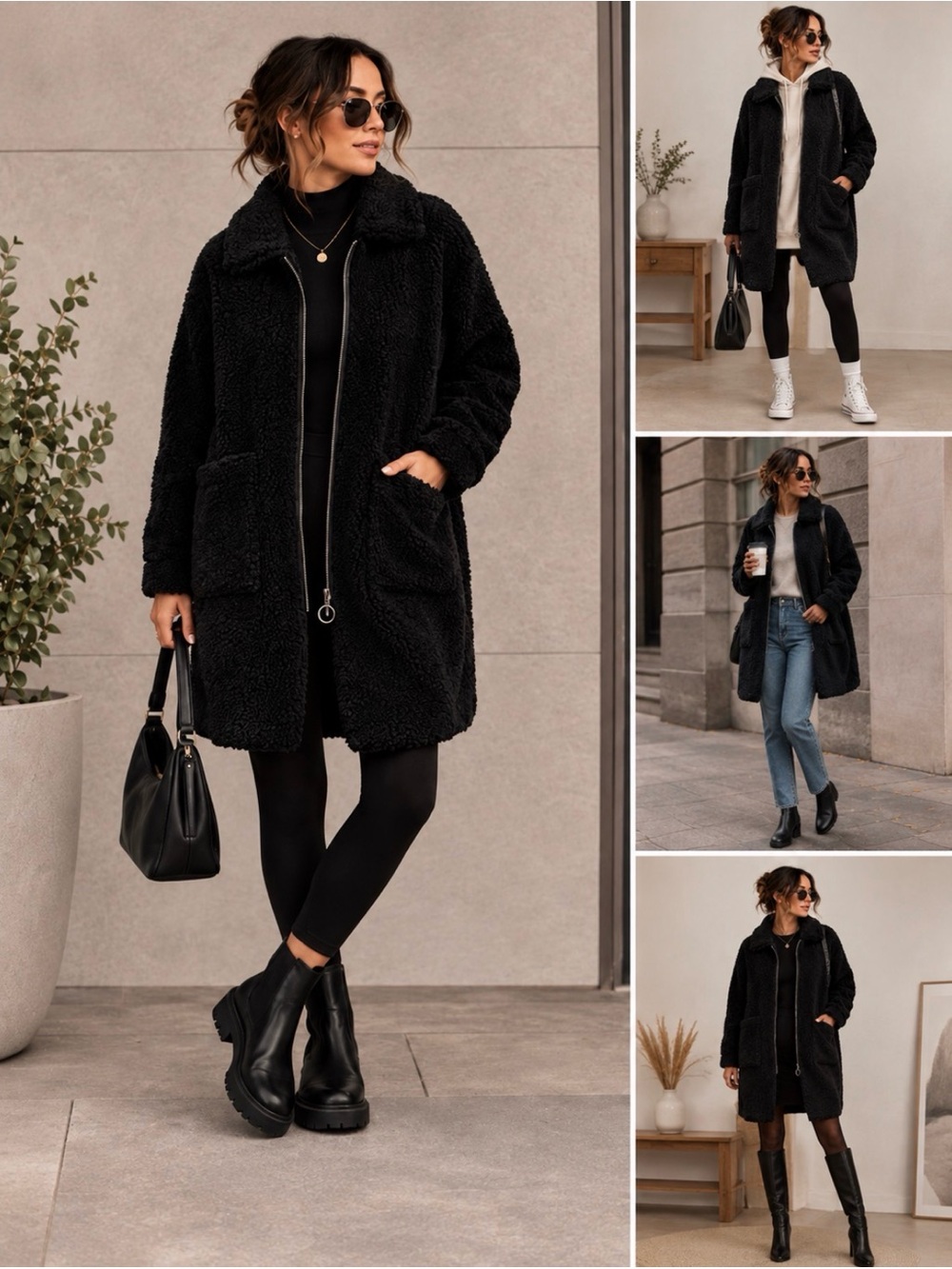 O.P.D.V Teddy Coat Black Wool Blend Faux Leather Trim Oversized Jacket Size S